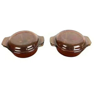 ANCHOR HOCKING #472 FIRE KING Amber INDIVIDUAL Casseroles w/‎ Lids - Lot Of 2